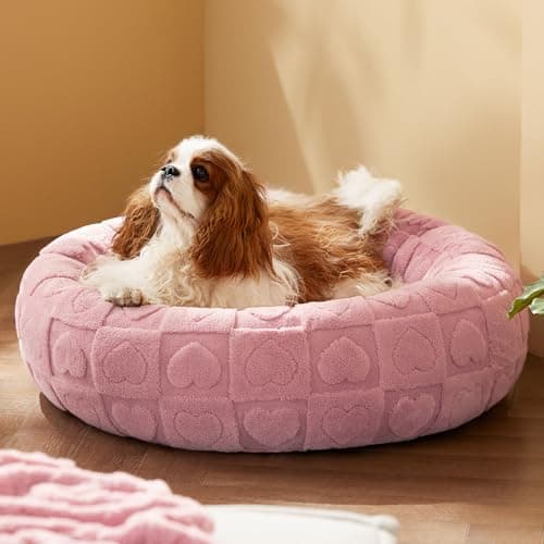 Bedsure Dog Bed for Medium Dogs - Donut Pet Bed for Puppy Kitten with Anti Slip Bottom, Round Sherpa Dog Beds with Washable Removable Cover, Pink, 30x30x8 inches - Image 1