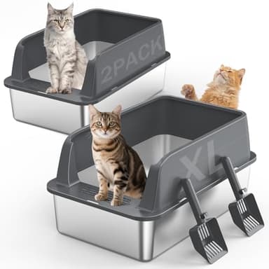 2PACK Stainless Steel Litter Box, Extra Large Litter Boxes for Big Cats, XL Metal Cat Litter Box with Lid High Sides, Anti-Urine Leakage, Non-Sticky, Scoop Included - Image 2