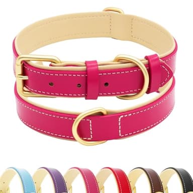 HSIGIO Leather Dog Collar for Small Medium and Large Dogs, Soft Padded Dog Leather Collar with Gold Buckle, Adjustable Genuine Leather Collars for Small Dogs(Hotpink, S) - Image 1