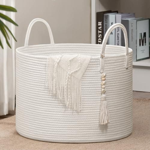 Goodpick Large Laundry Basket Decorative White Basket for Blankets, Baby Storage Basket for Nursery, Living Room, Bedroom, Big Rope Hamper 17.7 x 12.6 Inches, White - Image 1