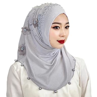 Woeoe Pearl Muslim Hijab Cap Plain Color Pre-Tied Flower Hijab Lightweight Muslim Head Wrap for Women and Girls - Image 6