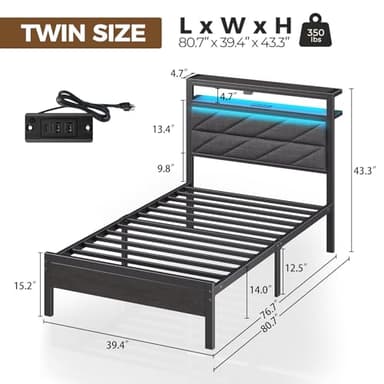 Seventable Bed Frame Twin Size with Charging Station, LED Bed with Upholstered Storage Headboard, Metal Platform Bed with Under Bed Storage, No Box Spring Needed, Noise Free, Easy Assembly, Grey - Image 2