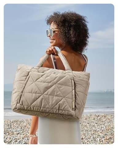 BAGSMART Tote Bag for Women, Puffy Tote Bag with Zipper, Large Quilted Shoulder Bag with Compartments for Travel, Work, Gym (Grayish Brown) - Image 2