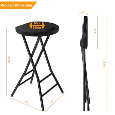 5Rcom Folding Stool, 24 inch Tall Folding Bar Stool with Safety Lock, Metal and Plastic Foldable Stool for Adults with Handle and Steel Frame Legs, 550lbs Capacity, Black - Image 2