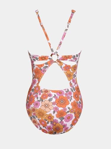 CUPSHE Women's One Piece Swimsuit Deep V Neck Keyhole Cutout O Ring Textured Floral Bathing Suit, XS - Image 7