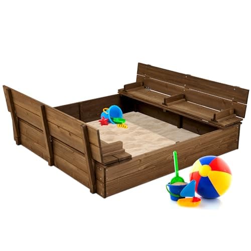 Best Choice Products Kids' Outdoor Wooden Sandbox Large, Cedar Wood with Foldable Bench Seats and Sand Protection, Bottom Liner Included - Walnut - Image 1