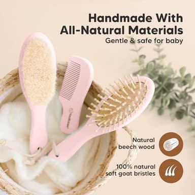 Baby Hair Brush and Comb Set for Newborn - Wooden Baby Hair Brush Set with Soft Goat Bristle, Baby Brush Set for Newborns, Baby Brush and Comb Set Girl, Boy, Toddler Cradle Cap Brush (Oval, Blush) - Image 4