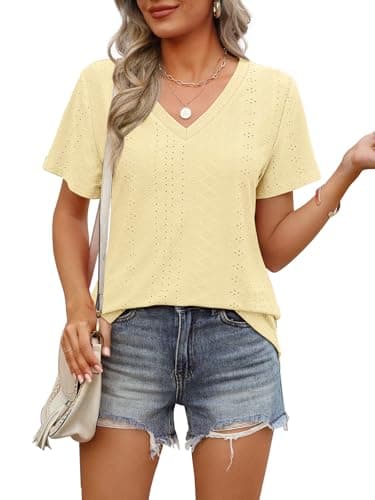 OFEEFAN Summer Tops for Women Trendy Loose Fit V Neck Curved Hem Long T Shirts Short Sleeve Ladies Tops and Blouses Summer Teacher Outfits for Women Clothes Yellow L - Image 3