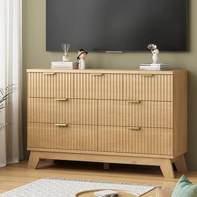 Fluted Dresser for Bedroom with 7 Drawers, 48" Wide Modern Chest of Drawers with Metal Handle, Wood Dresser TV Stand, Wooden Closet Clothes Storage Organizer for Living Room, Hallway, Natural Oak - Image 7