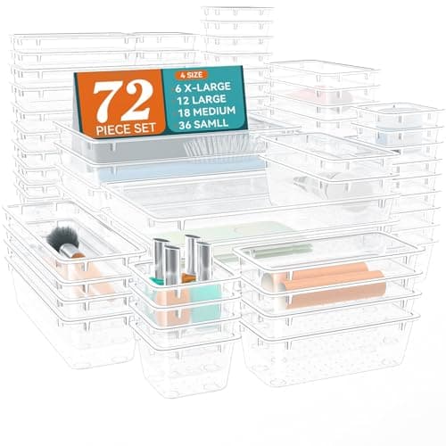 ElegantArray 72 PCS Drawer Organizer Set, 4 Sizes Storage Drawer Units, Clear Plastic Makeup Vanity Organizer and Storage Bins for Makeup, Stationeries, Multiple Gadgets for Bathroom, Office, Bedroom - Image 1