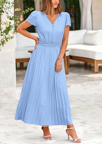 PRETTYGARDEN Women's Summer Maxi Dresses 2025 Trendy Casual Button V Neck Ruffle Cap Sleeve Long Flowy Pleated Dress (Light Blue,Small) - Image 5