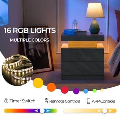 i-aplus Grey Night Stand Set 2 Modern Bedside Tables with 2 Drawers Bedroom Night Stands Set of 2 LED Night Stand for Bedroom, Living Room - Image 7