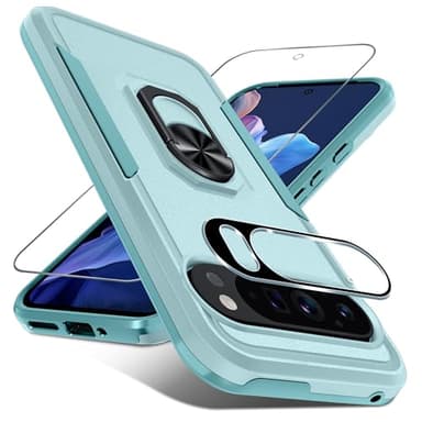 Janmitta for Google Pixel 9/9 Pro Case with Screen Protector+Camera Lens Protector,Heavy Duty Shockproof Full Body Phone Cover Built in Metal Ring Holder Kickstand,2024 Mint Green - Image 1