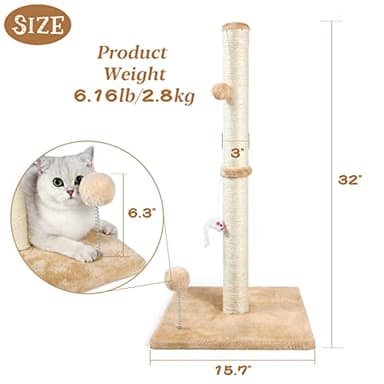 ANWA 32" Tall Cat Scratching Posts for Indoor Cats, 3-in-1 Vertical Cat Scratching Post with Plush Toys, Premium Sisal Post for Cats at All Ages with Reinforced Stable Base, Beige - Image 2