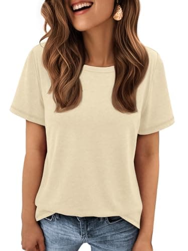 ATHMILE Short Sleeve Tunic Tops for Women Fashion Clothes Juniors Casual Crew Neck Basic Tee Cotton Spring Shirts Cream - Image 3
