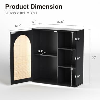Rattan Bathroom Wall Cabinet, Boho Medicine Wall Cabinets with Door and Adjustable Shelves, Tall Kitchen Wall Mounted Storage Cabinet, Floating Hanging Cabinet Space Saver for Laundry Room,Black - Image 2