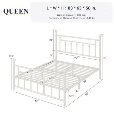 Allewie 14 Inch Queen Size Metal Platform Bed Frame with Victorian Vintage Headboard and Footboard/Mattress Foundation/Under Bed Storage/No Box Spring Needed/Easy Assembly/Noise Free/White - Image 2