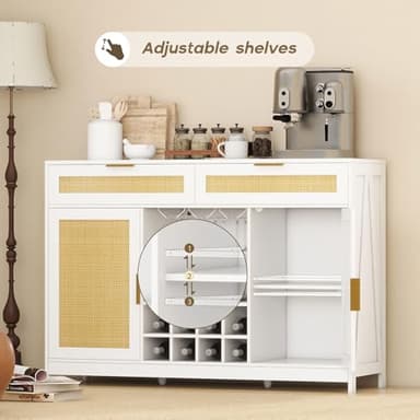 FTZxHKLX 51.2'' Rattan Coffee Bar Cabinet with Drawers and Storage, Boho Sideboard Buffet Cabinet with LED Lights, Wine Liquor Cabinet with Glass Holder and Wine Cellar for Dining Living Room, White - Image 8