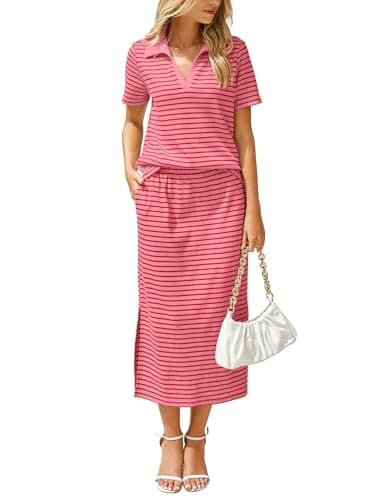 Glamaker Two Piece Sets For Women Summer Short Sleeve 2 Piece Skirt Sets Striped Matching Lounge Sets (Red Pink M) - Image 1