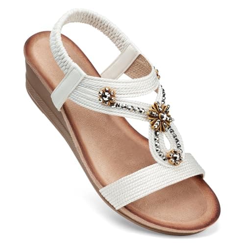 SHIBEVER White Wedge Sandals Women Size 9 Comfortable Rhinestone Ladies Sandals Dressy Arch Support Low Heel Flower Shoes Summer - Image 1