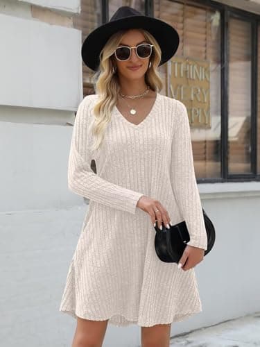 BELAROI Plus Size Sweater Dress Curvy Women Fall Dresses Winter V Neck Long Sleeve Pockets Tshirt Dress Loose Fit (2X, Apricot) - Image 6