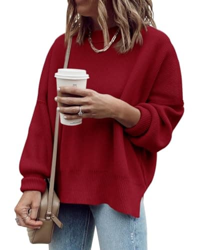Imily Bela Womens Oversized Tunic Sweaters Fall Slouchy Long Sleeve Ribbed Knit Side Slit Pullover Jumper Tops Red - Image 1
