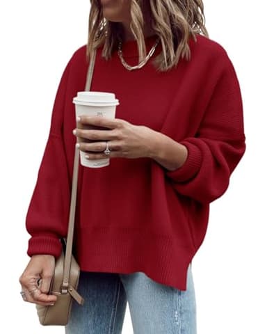 Imily Bela Womens Oversized Tunic Sweaters Fall Slouchy Long Sleeve Ribbed Knit Side Slit Pullover Jumper Tops Red - Image 1