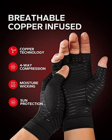 BraceBull Arthritis Gloves (1 Pair), Copper Infused Fingerless Compression Gloves for Relieve Muscle Pain, Carpal Tunnel, RSI, Rheumatoid, Tendonitis for Hands Pain for Women & Men (M, Black) - Image 3