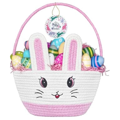 Allaugh Easter Baskets for Kids Girls: Pink Cotton Woven Bunny Large Easter Basket - Empty Baby Easter Basket with Double Rope Handle - Durable Easter Gift Basket For Heavy Weight - Image 1