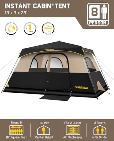 FanttikOutdoor Zeta C8 Pro Camping Tent 8 Person Instant Cabin Tent Setup in 60 Seconds with Rainfly & Windproof Portable with Carry Bag for Family Camping & Hiking, Khaki - Image 2