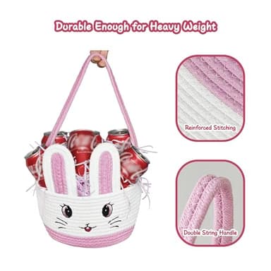 Allaugh Easter Baskets for Kids Girls: Pink Cotton Woven Bunny Large Easter Basket - Empty Baby Easter Basket with Double Rope Handle - Durable Easter Gift Basket For Heavy Weight - Image 3