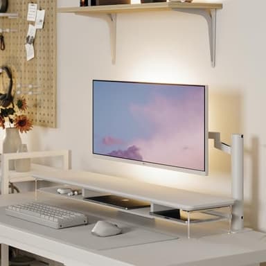 Fenge Acrylic Monitor Stand Riser, 42.5 Inches Dual Monitor Stand with Metal Storage, 2 Tier Acrylic Computer Riser for Desk, Clear Laptop Stand for PC, Laptop, Printer, TV, White - Image 3