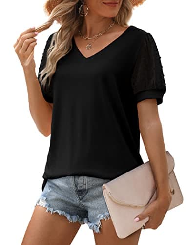 Aokosor Womens Tops Dressy Casual Short Sleeve V Neck T Shirts Trendy Summer Anthropologie Clothes Old Money Black L - Image 2