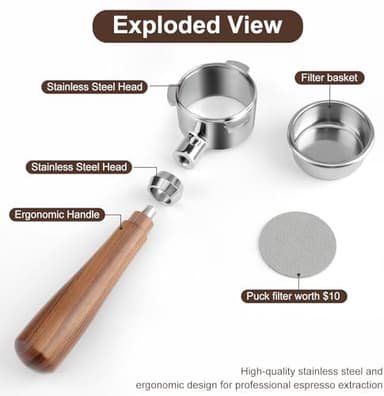 54mm Bottomless Portafilter Compatible with Breville Barista Pro, Bambino Plus, Barista Express Impress, Infuser, Barista Touch, Duo-Temp Pro & Bambino, Walnut Handle - Image 3