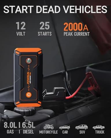 Powrun P-ONE Jump Starter, 2000A Portable Jump Box - Car Jump Starter Battery Pack for up to 8.0L Gas and 6.5L Diesel Engines, 12V Battery Jump Starter with Carry Case (Orange) - Image 2