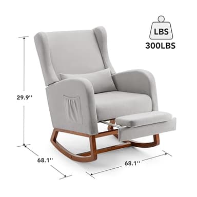 AYEASY Rocking Chair Nursery Glider Chair with Foot Rest, Nursery Rocking Chairs with Rubber Wood Legs Side Pocket, High Back Nursing Chair, Accent Rocker Arm Chair Baby Bedroom, Living Room, Grey - Image 2