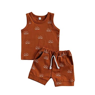 CIYCUIT 2Pcs Baby Boy Summer Clothes Boho Sunshine Printed Tank Top Shorts Set Brown 12-18 Months - Image 1
