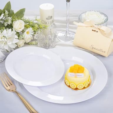 FLOWERCAT 200PCS White Plastic Plates Disposable Plates for Party - Heavy Duty Plastic Plates - 100 10" Dinner Plates and 100 7" Salad Plates for Weddings, Easter Parties and Events - Image 6