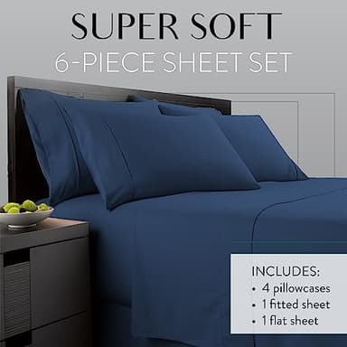 Danjor Linens Bed Sheet Set Queen Size for Hot Sleepers, Hotel Premium Sheets with 4 Pillowcases, Lightweight Brushed Microfiber Deep Pockets, Breathable Cooling 6 Piece Bedding Sets, Navy - Image 2