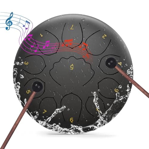 Rain Drum for Outside Garden, 8 Inches 11 Notes Steel Tongue Drum, Outside Garden Rain Chime, Chakra Drum for Rain (Black)