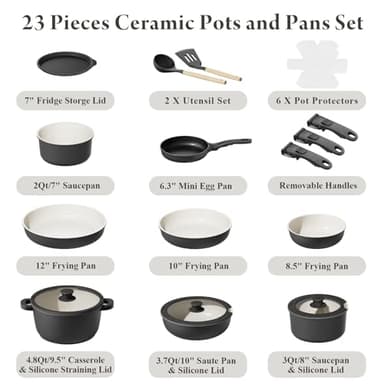 Bazova 23-Piece Removable Handle Pots and Pans Set Non Stick, Ceramic Cookware Set with Mini Egg Pan, Large Capacity, Non-Toxic, Induction & Oven Safe, Dishwasher Safe, RV Compatible, Black & White - Image 2