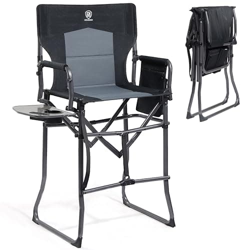 EVER ADVANCED Portable 30.7" Seat Height Tall Folding Camping Chair Directors Chair High Foldable Bar Stool with Side Table for Makeup Artist, Sports Event, Craft Show, Supports 350LBS Black Grey - Image 1