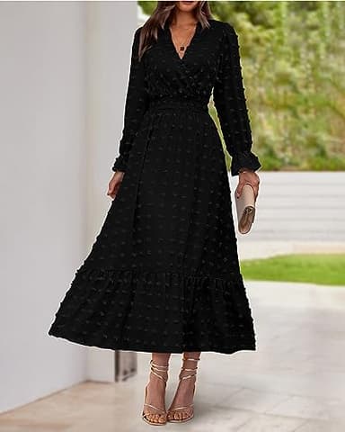 BTFBM Women Fall Maxi Dresses 2025 Long Sleeve V Neck Swiss Dots High Waisted A-Line Ruffle Boho Long Dress Vacation(Black,Medium) - Image 2