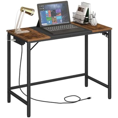 HOOBRO Computer Desk, Home Office Desk with Power Outlet, Modern Study Writing Desk with 3 Hooks for Study Room, Home Office, Sturdy and Stable, Easy to Assemble, Rustic Brown and Black BF40UDN01 - Image 1