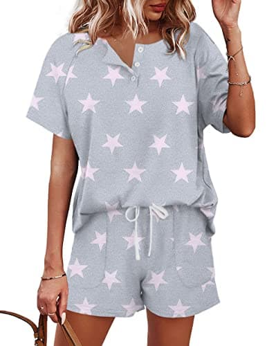 WIHOLL Pajama Sets for Women 2 Piece Outfits Henley Shirts Sleepwear Set Star Print-Grey 2XL - Image 1