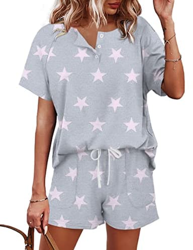 WIHOLL Pajama Sets for Women 2 Piece Outfits Henley Shirts Sleepwear Set Star Print-Grey 2XL - Image 1