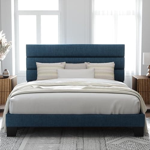 Allewie King Size Platform Bed Frame with Fabric Upholstered Headboard and Wooden Slats Support, Fully Upholstered Mattress Foundation/No Box Spring Needed/Easy Assembly, Navy Blue - Image 1