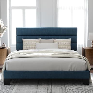 Allewie King Size Platform Bed Frame with Fabric Upholstered Headboard and Wooden Slats Support, Fully Upholstered Mattress Foundation/No Box Spring Needed/Easy Assembly, Navy Blue - Image 1