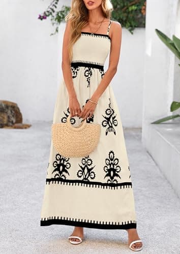 PRETTYGARDEN Summer Dress for Women 2025 Floral Sundress Spaghetti Strap Flowy Beach Vacation Boho Maxi Dresses (Apricot Black Floral,Large) - Image 7