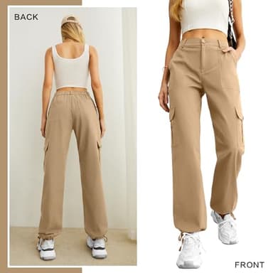 Women High Waisted Cargo Pants Wide Leg Casual Pants 6 Pockets Combat Military Trousers Khaki - Image 4